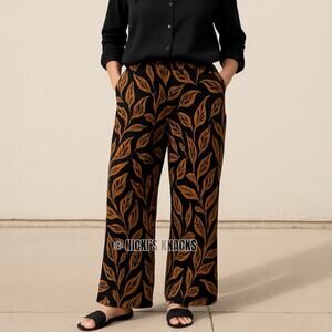 Jungle Leaf Wide Leg Culotte Pants Brown Black Career Viscose Trousers Size S